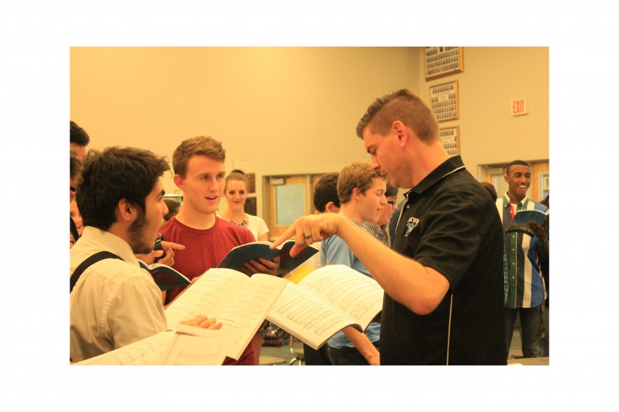 Mr. Bogue directs a rehearsal for the upcoming school play, Bye Bye Birdie.  The show begins May 7.