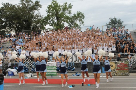 Newsome's student section cheers for the boys varsity football team August 28, 2015. The team played against Bloomingdale last Friday, winning with a final score of 10-7. 
