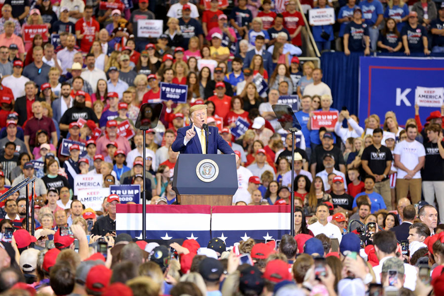 LAKE CHARLES, LOUISIANA - OCTOBER 11: U.S. President Donald Trump speaks during a campaign rally at Sudduth Coliseum on October 11, 2019 in Lake Charles, Louisiana. (Photo by Matt Sullivan/Getty Images)