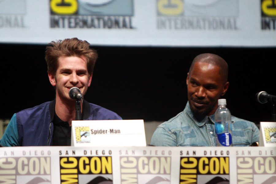 Andrew Garfield and his “The Amazing Spider-Man 2” co-star Jamie Fox speaking at Comic Con in 2013. The two stars later reunited on the “Spider Man No Way Home.” 
